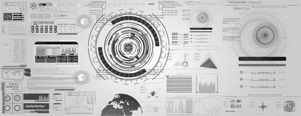 set of black and white infographic elements. Head-up display elements for the web and app. Futuristic user interface. 