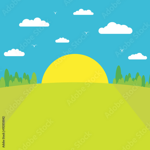 Morning sunrise. The sun rises from behind the forest against a blue sky with clouds and birds. Flat style. 10 eps