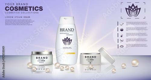 Bottles of shampoo and shower gel. Body Scrub. Cosmetic set for design on a blue background. Vector illustration