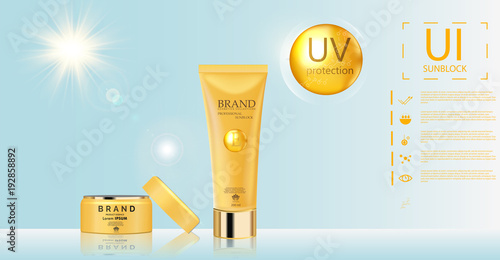 Sunblock ads template, sun protection cosmetic products design with moisturizer cream or liquid, sparkling background with glitter polka, vector design.EPS10
