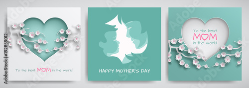 Set of green and pink greeting card for mother's day. Women and baby silhouettes, сongratulations text, cuted heart decorated cherry flowers, paper cut out style. Vector illustration, layers isolated