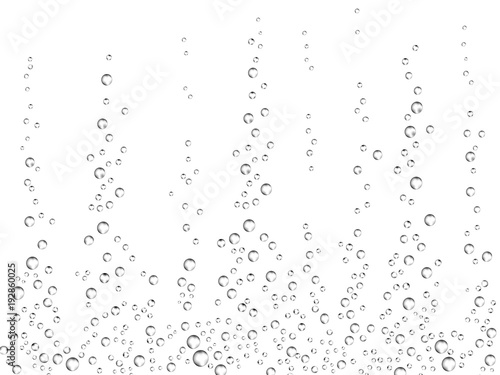 Fizzing air bubbles on white background. Underwater oxygen texture of water or drink. Fizzy bubbles in soda water, champagne, sparkling wine, lemonade, aquarium, sea, ocean. Realistic 3d illustration.