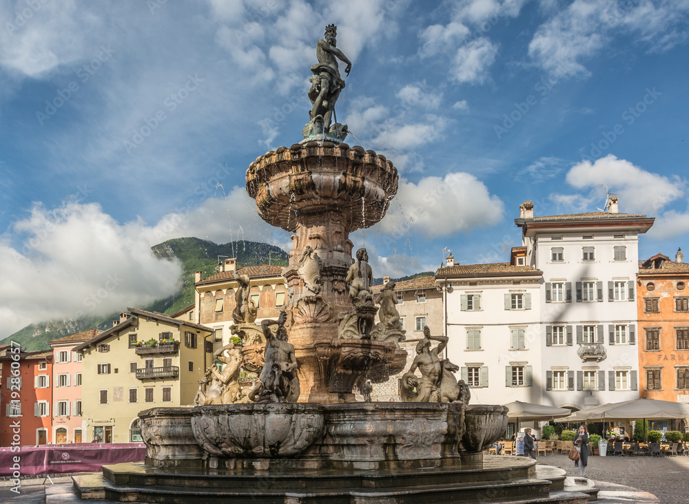 The baroque Fountain of Neptune at Piazza del Duomo in the center of the city of Trento in the region of Trentino Alto Adige, South Tyrol
