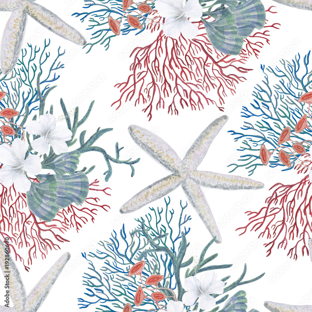 Obraz premium Watercolor painting sea pattern with corals, seaweed, seastars, hibiscus flowers