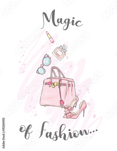 A set of fashionable women's clothing and accessories. Dress, bag, shoes with heels, lipstick, perfume and glasses. Vector illustration. Fashion & Style. 