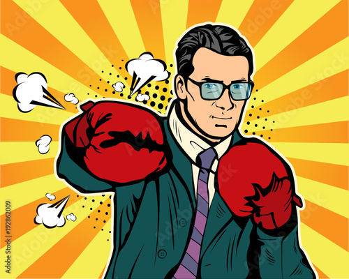 Man in boxing gloves vector illustration in comic pop art style. Businessman ready to fight and protect his business concept. Fight club. Boxing and glove, boxer strength. 