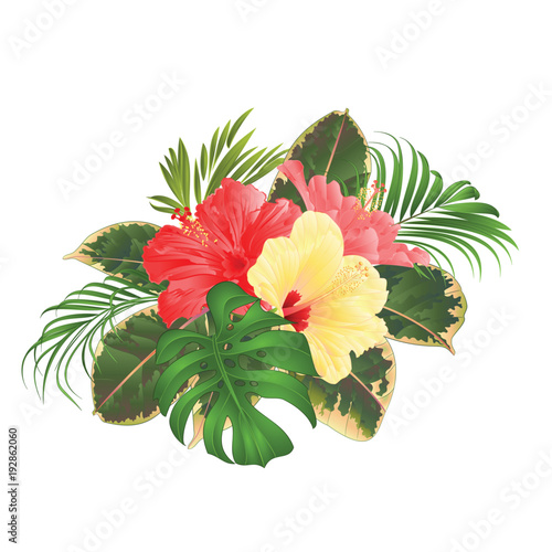 Bouquet with tropical flowers Hawaiian style floral arrangement, with beautiful pink and yellow hibiscus, palm,philodendron and ficus vintage vector illustration editable hand draw