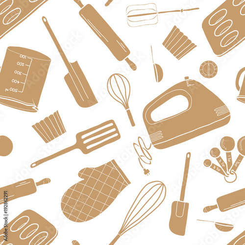 Seamless pattern of baking tools in brown silhouette random on white background. Cute vector illustration of cooking stuff in hand drawn style.