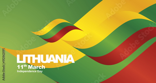 Independence Day Lithuania flag ribbon landscape background greeting card