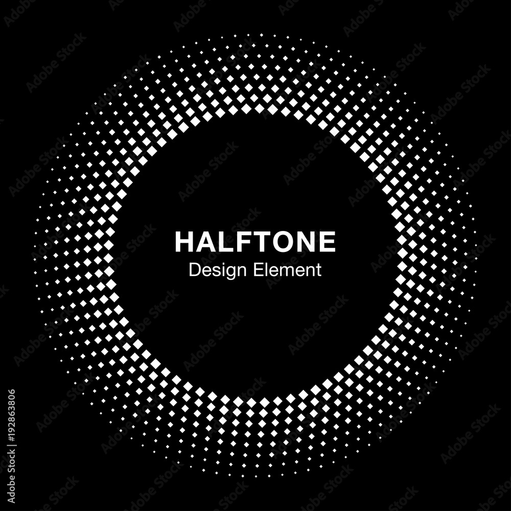 White Abstract Vector Circle Frame Halftone Dots Square Logo Icon Design Element for medical treatment, cosmetic on black background. Halftone circle emblem. Vector illustration White Abstract Vector Circle Frame Halftone Dots Square Logo Icon Design Element for medical treatment, cosmetic on black background. Halftone circle emblem. Vector illustration