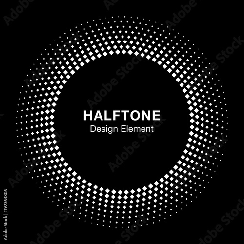 White Abstract Vector Circle Frame Halftone Dots Square Logo Icon Design Element for medical treatment, cosmetic on black background. Halftone circle emblem. Vector illustration