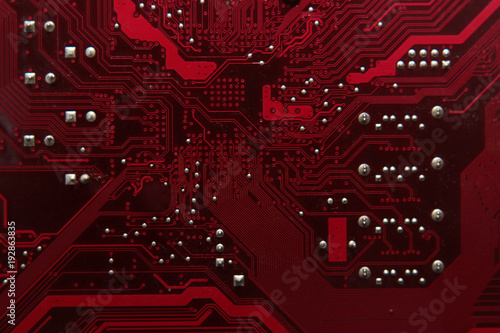 Circuit board. Electronic computer hardware technology. Motherboard digital chip. Tech science background. Integrated communication processor. Information engineering component. Blue color.