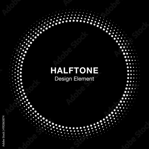White Abstract Vector Circle Frame Halftone Dots Square Logo Icon Design Element for medical treatment, cosmetic on black background. Halftone circle emblem. Vector illustration