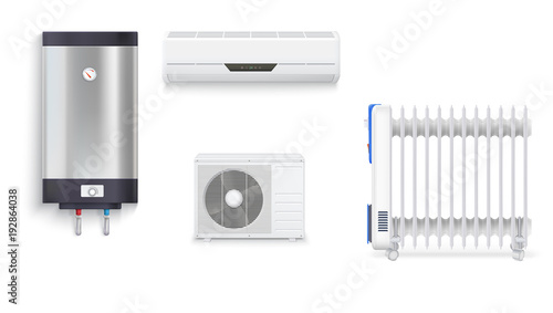 Electric oil radiator, air conditioning, water heater with chrome metal of front side, oil filled heater isolated. Set icons of household appliances on a white background. 3D illustration