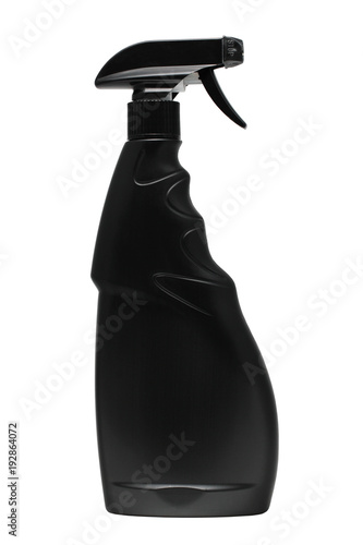 Black plastic bottle with trigger-spray on a white background