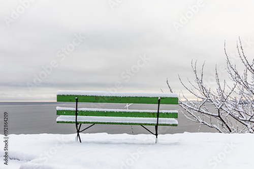 Beautiful winter day at Odderoya in Kristiansand, Norway. Green bench covered in snow. The ocean is seen in the background. photo