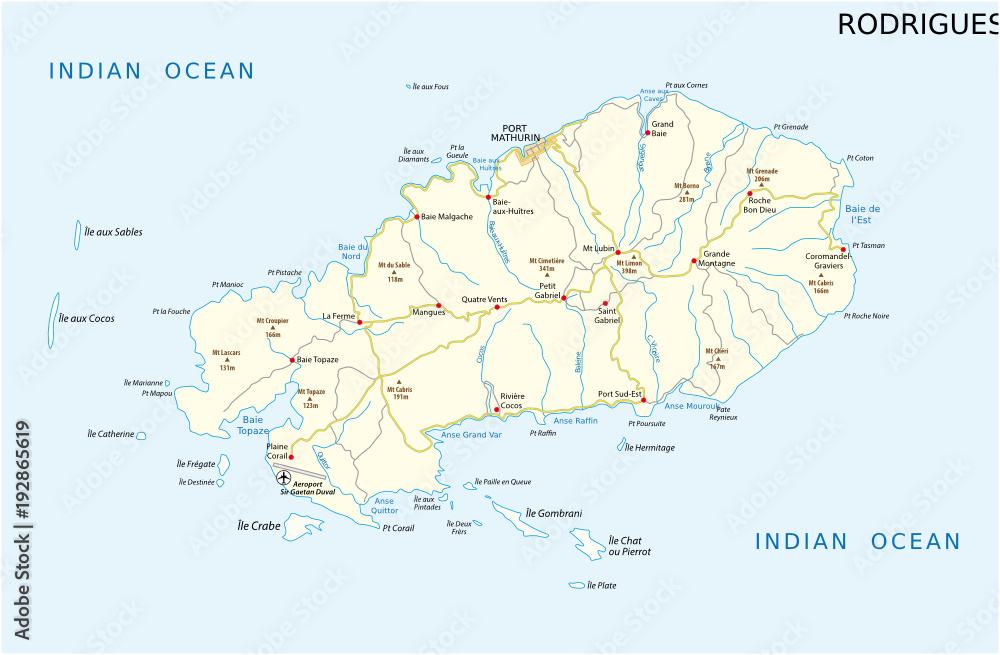 Obraz premium Rodrigues island road vector map