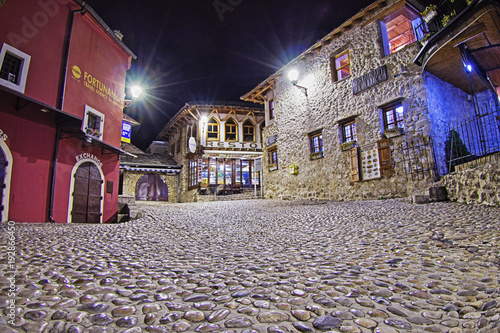Night cobbled streets of Mostar. Bosnia and Herzegovina