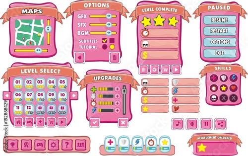 Game User Interface in cartoon style with basic buttons and functions, status bar, for creating game