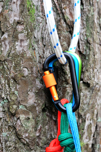 Carabiner with rope on nature background.