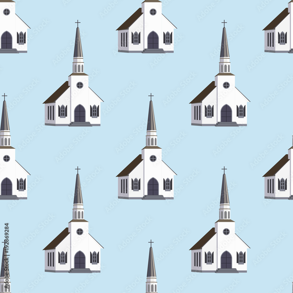 Cathedral church temple traditional building seamless pattern. Architecture of modern urban chapel. Exterior facade of church of christian religion. Building with cross. Vector icon in flat design