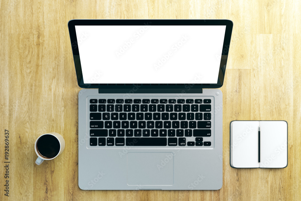 Fototapeta premium Designer desktop with white laptop