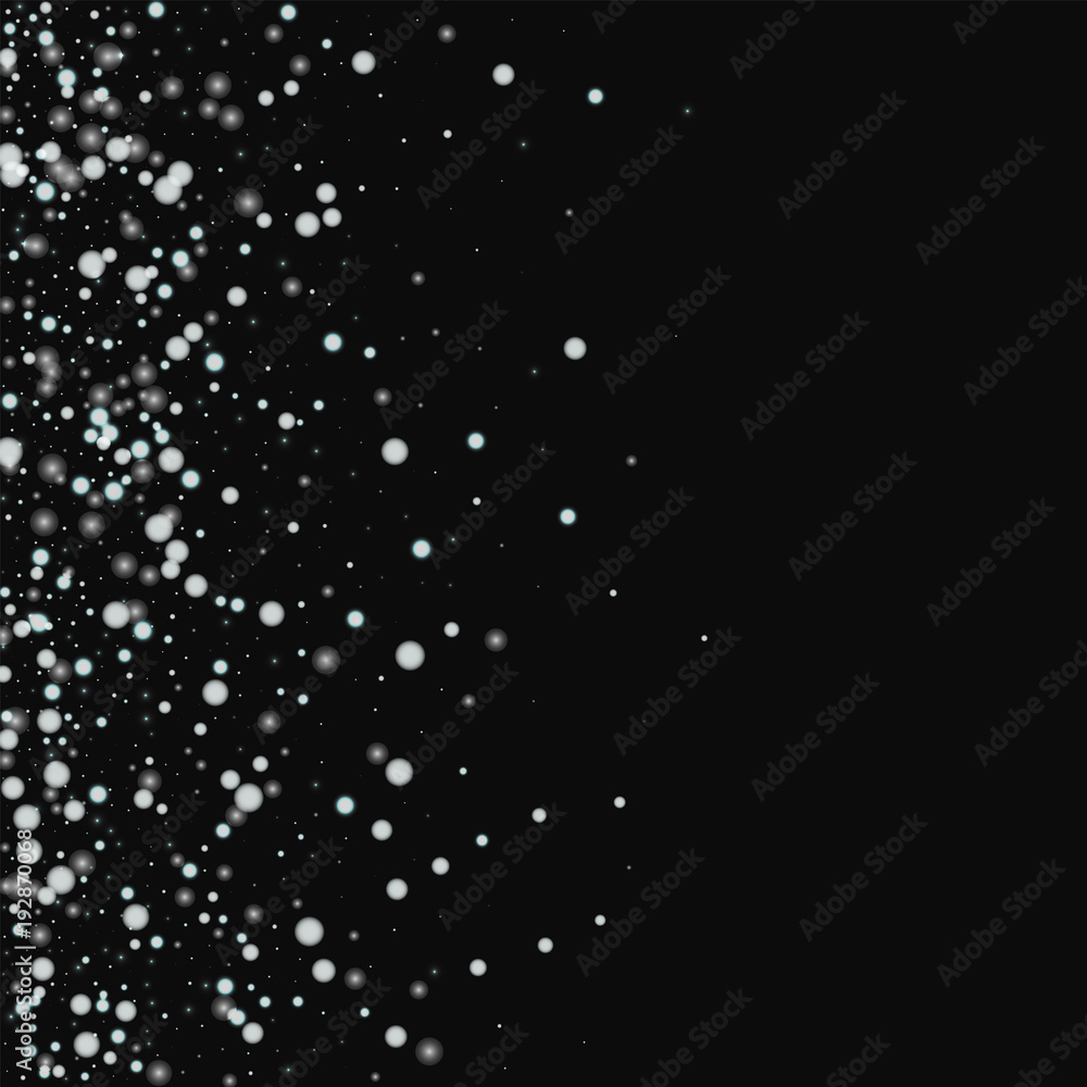 Beautiful falling snow. Scatter left gradient with beautiful falling snow on black background. Cool Vector illustration.
