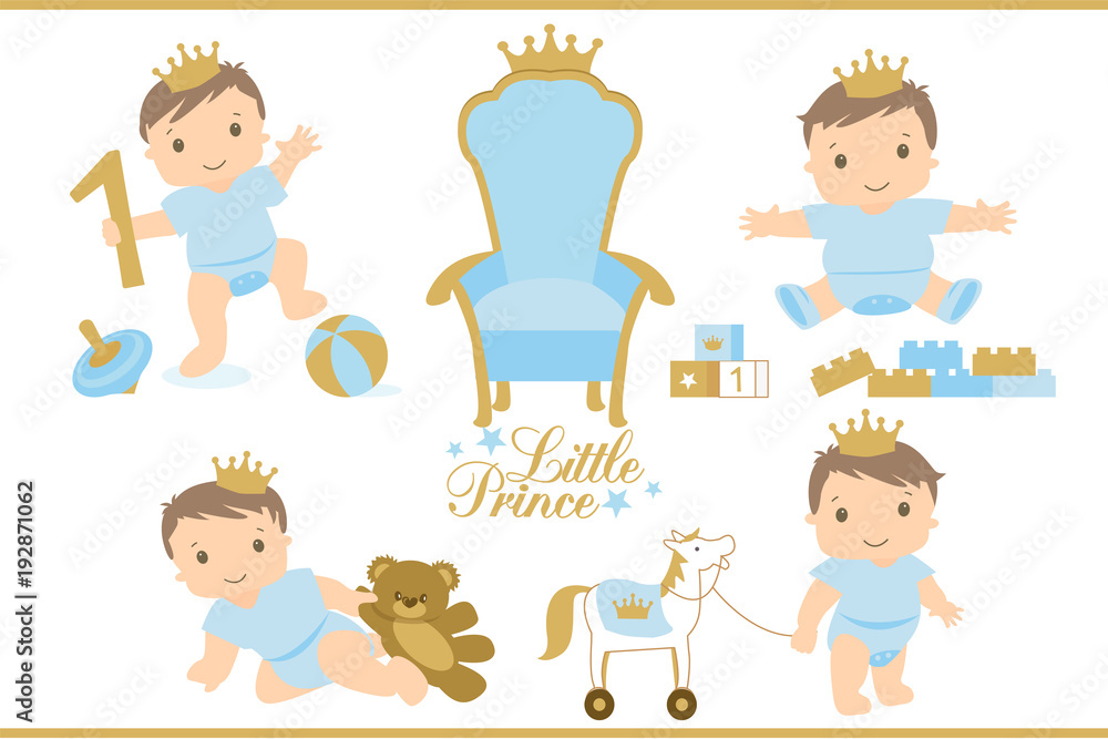 Little prince. Royal vector throne icon. Set of cute illustration for birthday invitation or baby shower. Toddler's first step. Sitting, playing, crawling and walking baby cartoon. Blue and gold. Toys