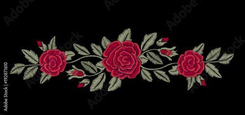 Embroidered flowers. Chic red roses on a black background. Fashion design.