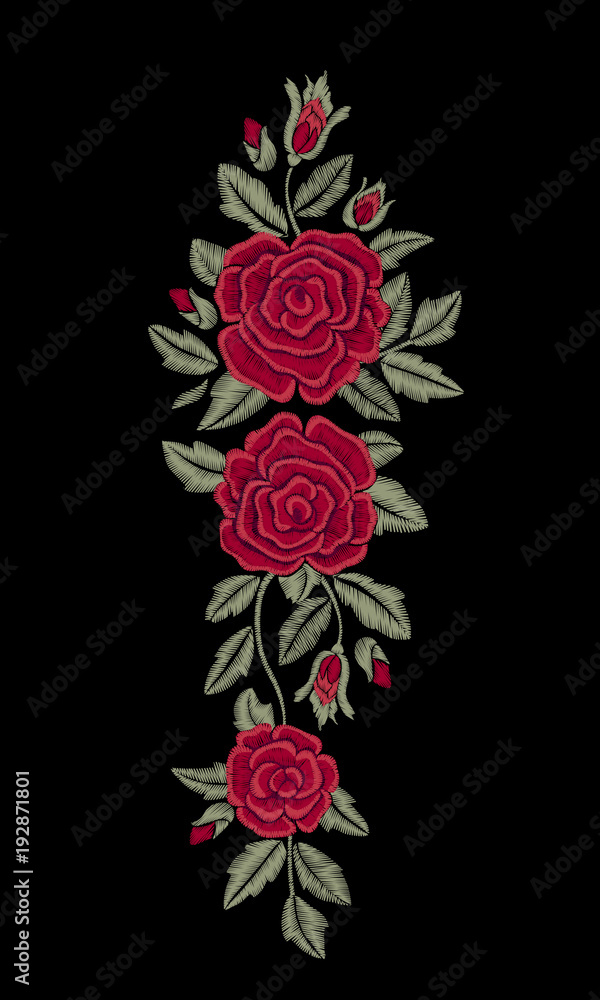 Rose. Embroidered red flowers. Vector print.