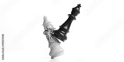 Φωτογραφία White chess king broken by the black king, isolated on white background