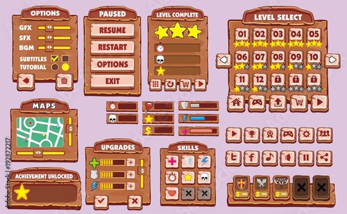Game User Interface in cartoon style with basic buttons and functions  status bar  for creating game