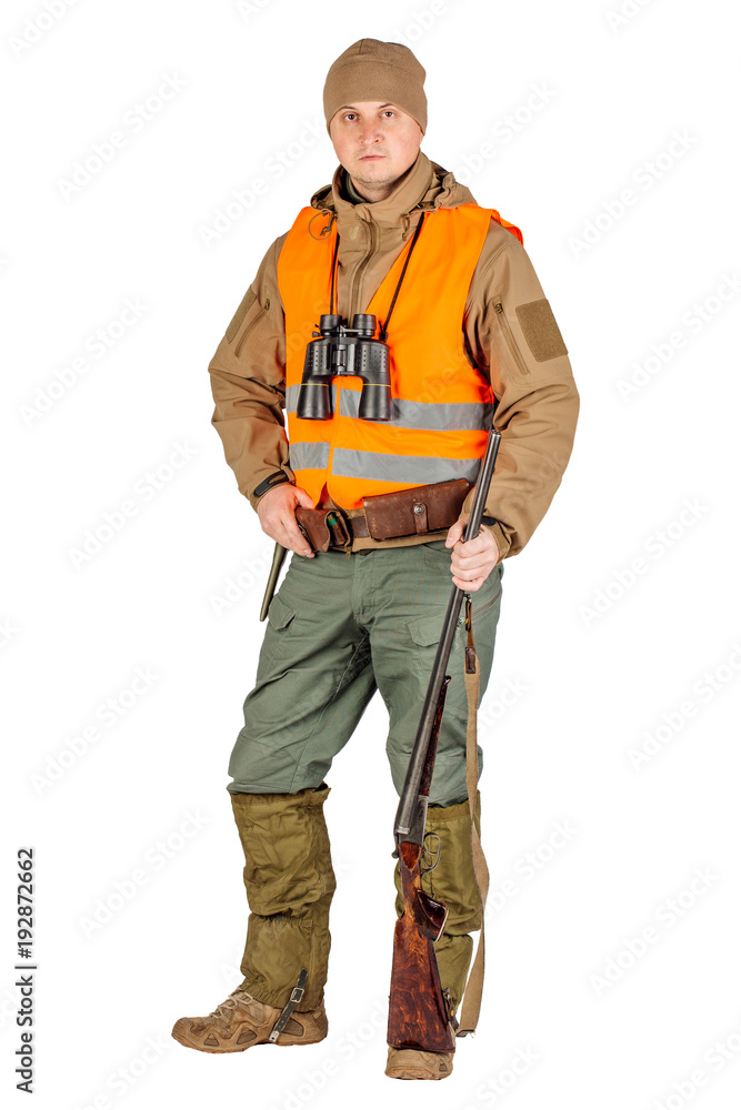 Full length portrait of a male hunter with double barreled shotgun Isolated on white background. hunting and people concept. Full length portrait of a male hunter with double barreled shotgun Isolated on white background. hunting and people concept.