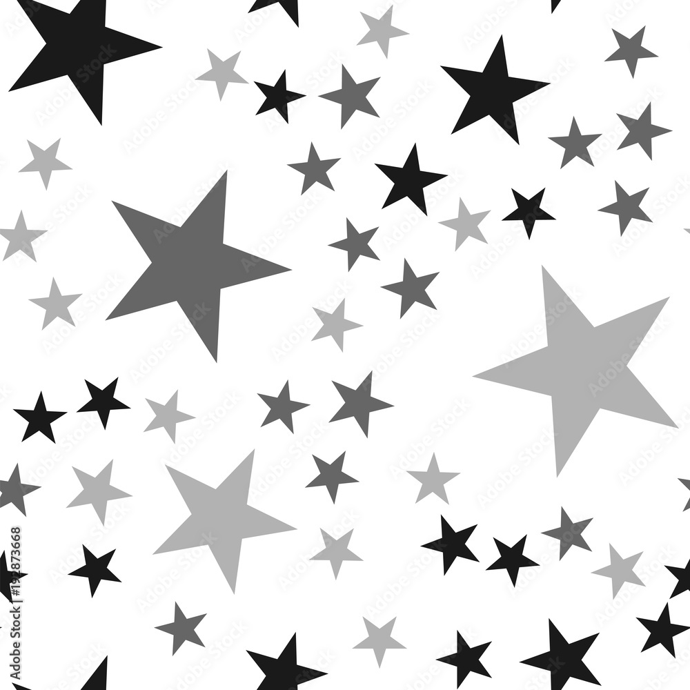 Black stars seamless pattern on white background. Elegant endless random scattered black stars festive pattern. Modern creative chaotic decor. Vector abstract illustration.