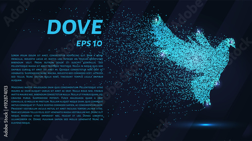 The dove of the particles. The dove consists of dots and circles. Blue dove on a dark background