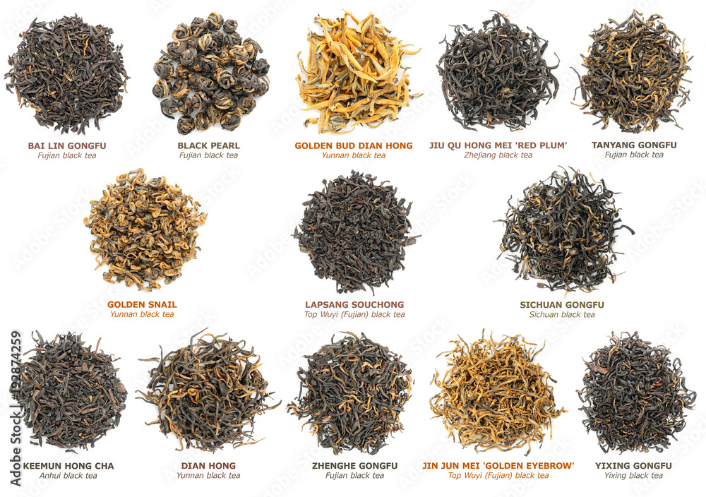 Isolated tea leaves. Collection of various famous chinese black teas