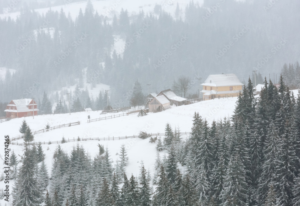 Early morning winter mountain village landscape Early morning winter mountain village landscape