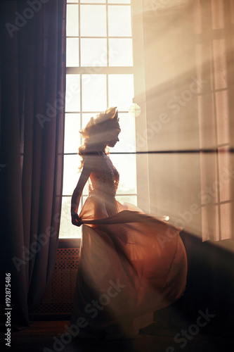Silhouette of a sexy woman girl near the window in the morning evening sun. Fashion blonde woman in the rays of sun. Sunlight falls on a woman's body. Fairy magic light in window