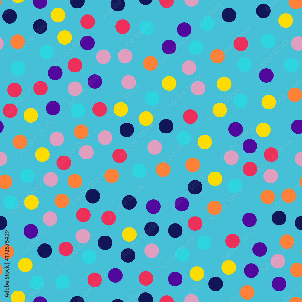 Memphis style polka dots seamless pattern on blue background. Pretty modern memphis polka dots creative pattern. Bright scattered confetti fall chaotic decor. Vector illustration.