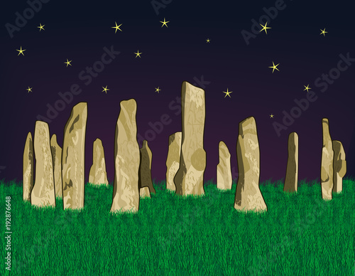 Vector illustration of Callanish Stones at night on a background of dense green grass and starry sky. Purple sky with a gradient, beige-brown monoliths and bright green grass photo