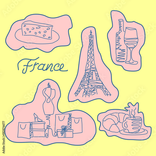 Vector set of light pink simple stickers France on a yellow background. French symbols in sketch style - cheese, fashion and shopping, Eiffel Tower, wine, a croissant with tea