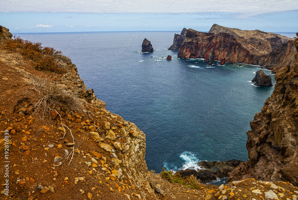 Madeira island mountain rock seascape, Portugal.