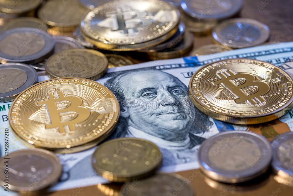 Bitcoin with dollar banknote and cent Bitcoin with dollar banknote and cent