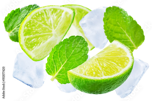 Flying Limes with ices and mint leaves isolated