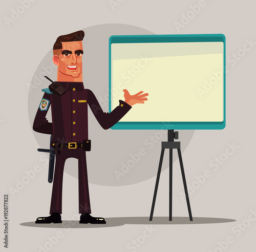 Happy smiling policeman character making presentation. Vector flat cartoon illustration