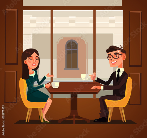 Two colleagues friends having break and drinking coffee. Vector flat cartoon illustration