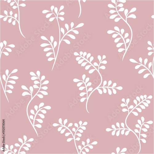 Floral seamless white pattern with twigs on a pink background. Vector.