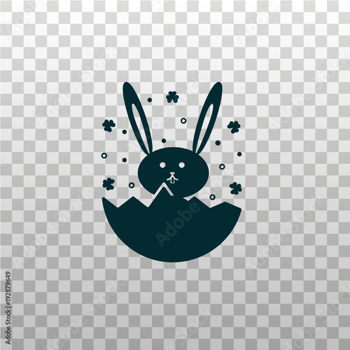 Easter bunny sitting inside the cracked egg - flat silhouette icon on isolated transparent background. Holiday rabbit or hare vector sign, symbol, pictogram in outline design.