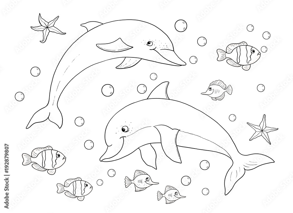 Washable wall murals Cute sea animals. Ocean. Dolphins. Coloring page.  Illustration for children 