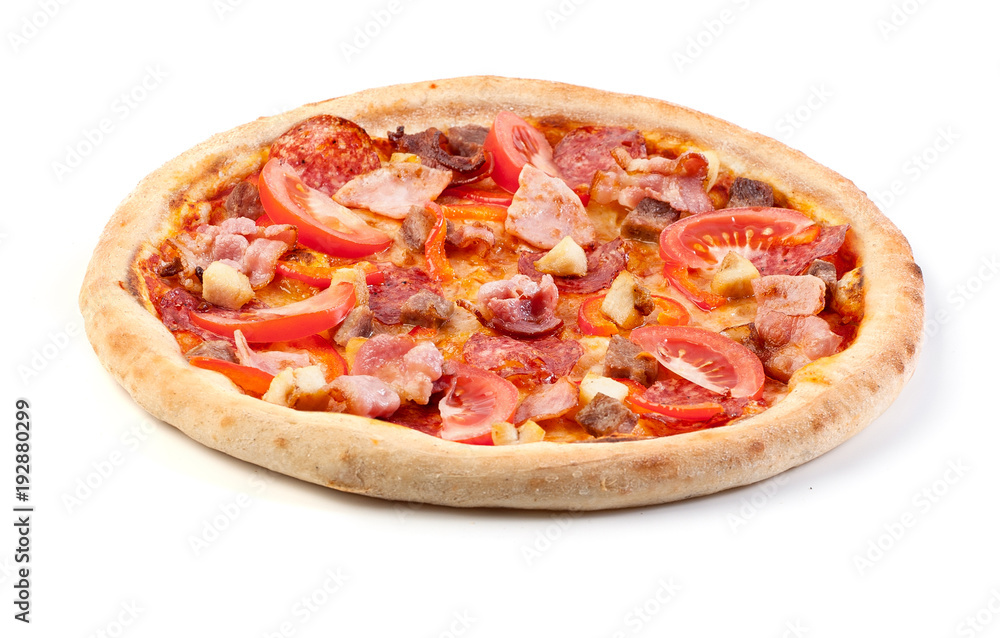 Meat pizza: chorizo, ham, bacon and gray tomatoes on a clean white background. Side view. Isolated.